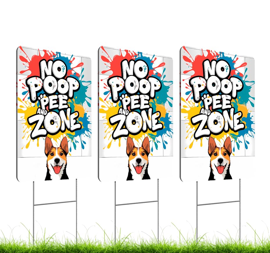 Set of 3 Double Sided 12x8 Inches Plastic Sign "No Poop and Pee Zone" With H-Stakes