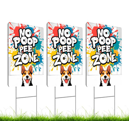Set of 3 Double Sided 12x8 Inches Plastic Sign "No Poop and Pee Zone" With H-Stakes