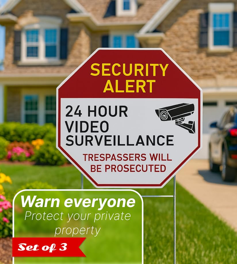 Set of 3 Double Sided 13x13 Inches Plastic 24 Hour Surveillance Signs with Metal H-Stakes - No Intrusion Sign Private Property