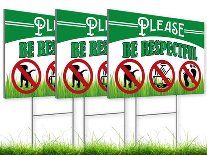 Pack of 3 Be Respectful Dog Plastic Sign 8x12 Inch Double Sided - No Dog Poop Signs for Yard - Pick Up After Your Pet Sign
