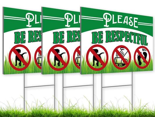 Pack of 3 Be Respectful Dog Plastic Sign 8x12 Inch Double Sided - No Dog Poop Signs for Yard - Pick Up After Your Pet Sign