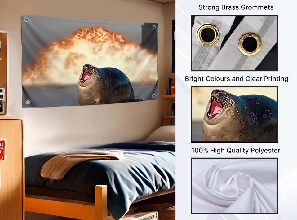 3x5 Feet Seal and Fire Meme Flag with Four Brass Grommets - Polyester College Dorm Banners for Living Room - Single Sided Tapestry Wall Flags