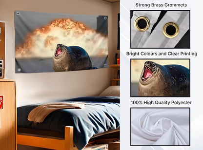 3x5 Feet Seal and Fire Meme Flag with Four Brass Grommets - Polyester College Dorm Banners for Living Room - Single Sided Tapestry Wall Flags