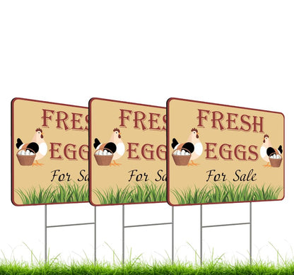 Set of 3 Double Sided 12x16 Inches Fresh Eggs For Sale Sign with Metal H-Stakes - Plastic Sign Fresh or Egg Sign for Outdoor and Indoor