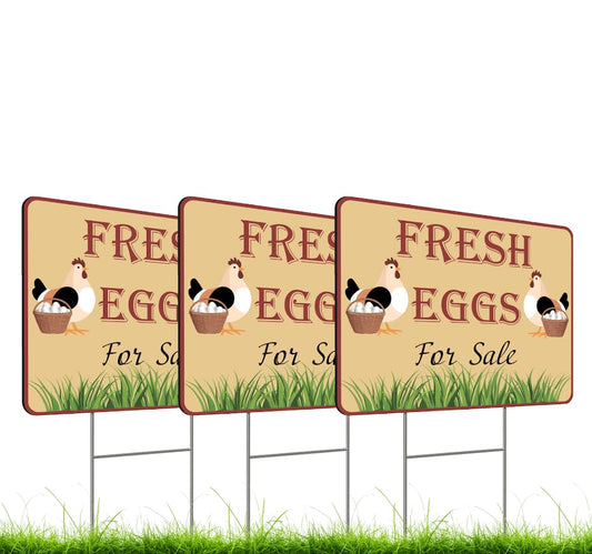 Set of 3 Double Sided 12x16 Inches Fresh Eggs For Sale Sign with Metal H-Stakes - Plastic Sign Fresh or Egg Sign for Outdoor and Indoor