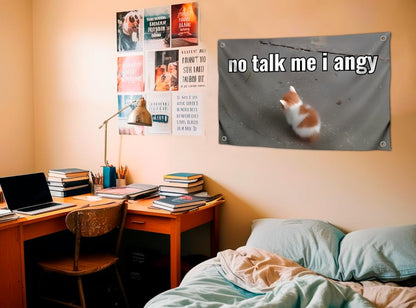 3x5 Feet Cat Meme Single Sided Flag with Quote "No Talk Me I Angy" with Four Brass Grommets - Funny Animals Banner for Wall Decoration