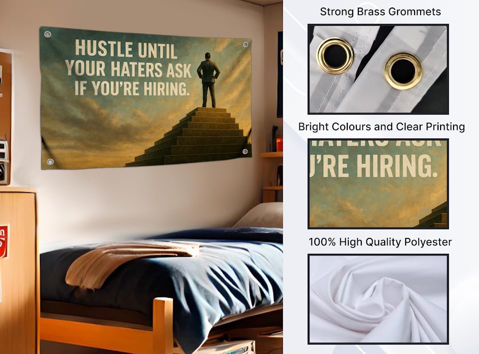3x5 Feet Motivational Business Flag with Quote Hustle Until Your Haters Ask If You're Hiring with 4 Brass Grommets. Single Sided Poster Cool Tapestry