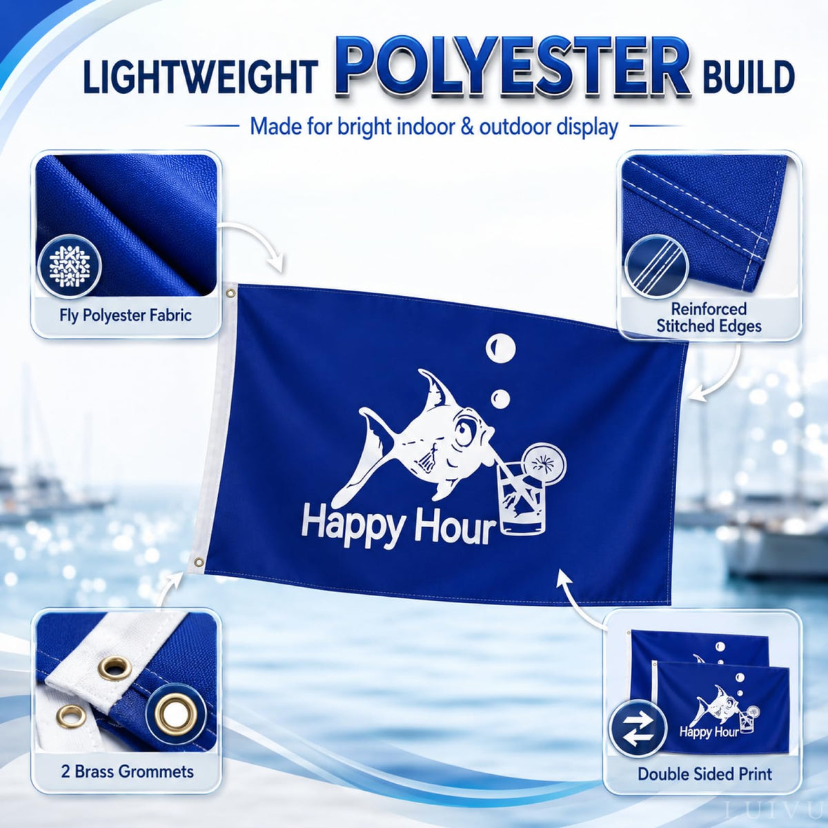 12x18 in Happy Hour Fish Flag – Double-Sided Boat & Garden Flag