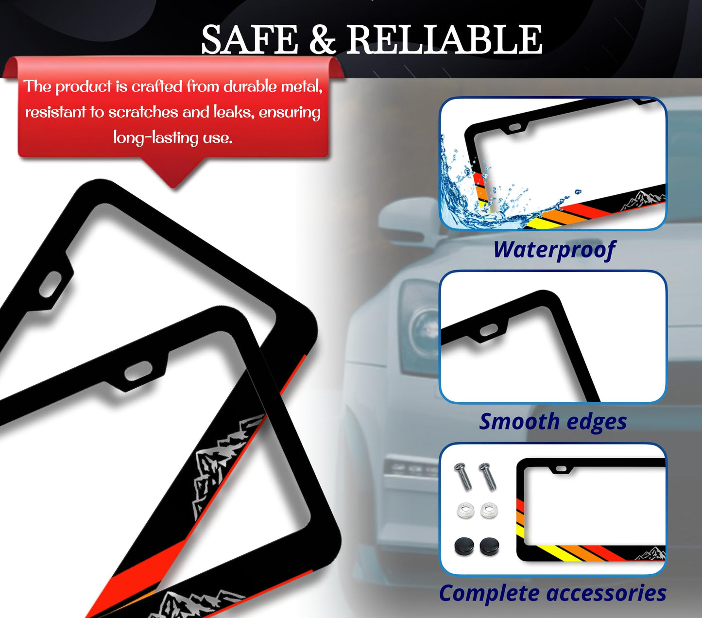 Set of 2 Tri-Color Personalized Car License Plate Frame - Stainless Steel Plate Frame with Screws 6 x 12.25 inches and 2 Holes and Screw