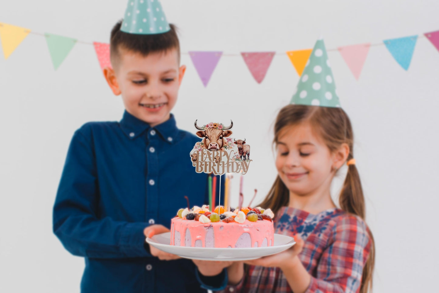 6.7x7.6 Inch Highland Cow Happy Birthday Cake Topper Paper - Highlands Cow Birthday Party Supplies - Brown Glitter Highland Cow