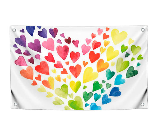3x5 Polyester Flag with 4 Brass Grommets - Multicolored Hearts Single Sided Flags Forming A Giant Colorful Rainbow Inspired Heart Love