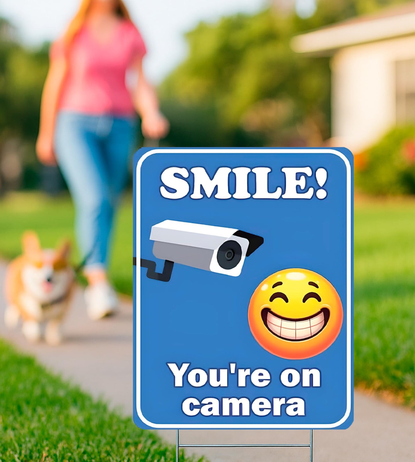 Set of 3 Double Sided 12x8 Inches Plastic Sign With H-Stakes "SMILE! You'reon Camera" - Tresspassing Video Surveillance Private Property Signs
