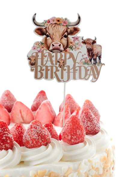 6.7x7.6 Inch Highland Cow Happy Birthday Cake Topper Paper - Highlands Cow Birthday Party Supplies - Brown Glitter Highland Cow