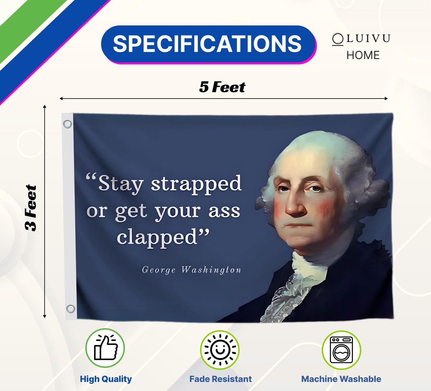 3x5 Feet Washington Stay Strapped or Get Clapped Polyester Flag with Two Brass Grommets. Cool Funny Single Sided Flags For Room Guys Quote Meme Banner