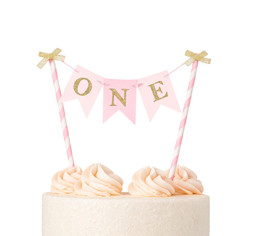8x6 Inch Paper One Cake Topper for Baby Girls - Pink and Gold Cake Topper Banner for 1st Birthday - First Cake Topper or Paper Straw Cake Toppers
