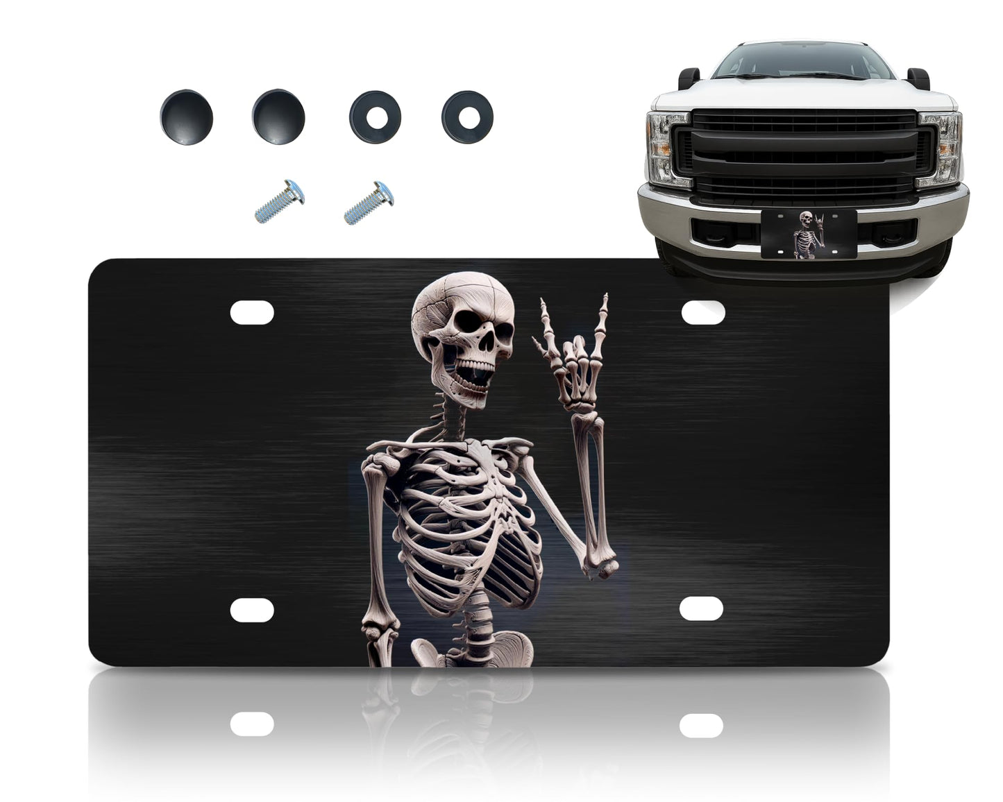 Personalized Human Skeleton Black License Plate Frame. Funny Halloween Skull Front License Plate Frames Designs with 4 Standard Slotted Mounting Holes
