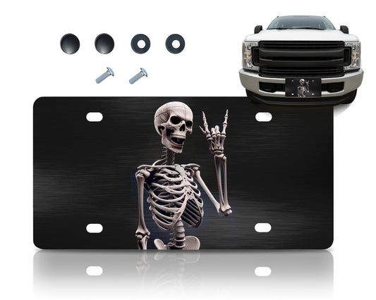 Personalized Human Skeleton Black License Plate Frame. Funny Halloween Skull Front License Plate Frames Designs with 4 Standard Slotted Mounting Holes