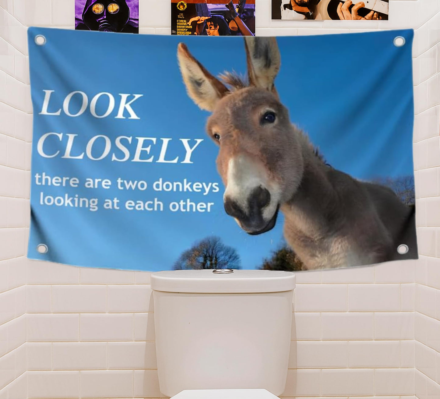 3x5 Feet Donkey Meme Single Sided Flag "Look Closely" with 4 Brass Grommets - Polyester Flags with Animals for Wall Decoration