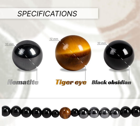 Triple Protection Necklace With Genuine Stone Tiger Eye Black Obsidian and Hematite - Bad Energy Protection Beads Crystal Necklace for Men and Women