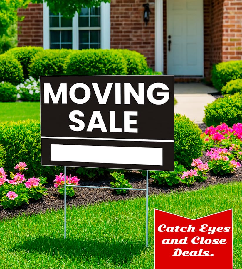 Set of 3 Double Sided 12x8 Inches Plastic Black Moving Sale Signs with Metal H-Stakes - Moving Sale Sign for Real Estate Agents