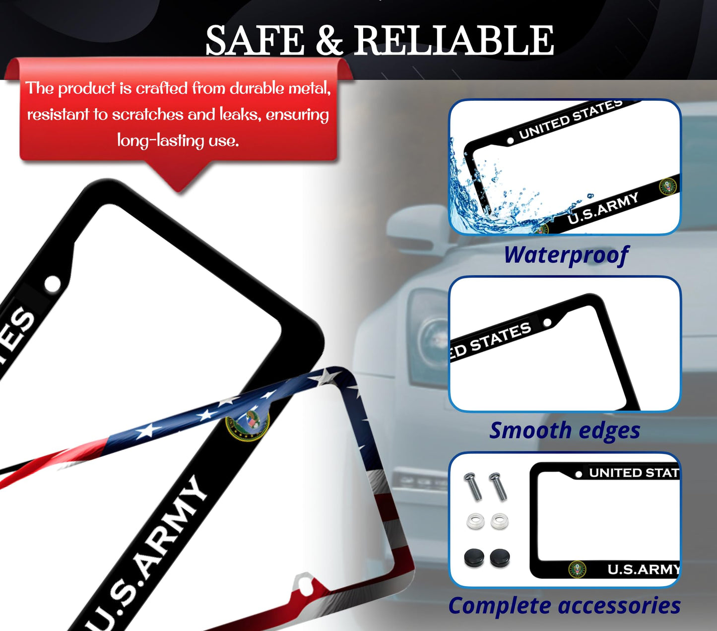 Set of 2 Personalized Car License Plate Frame United States Army - Black Stainless Steel Metal Plate Frame with Screws 6 x 12.25 inches