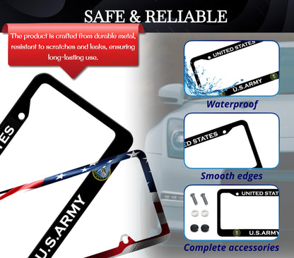 Set of 2 Personalized Car License Plate Frame United States Army - Black Stainless Steel Metal Plate Frame with Screws 6 x 12.25 inches