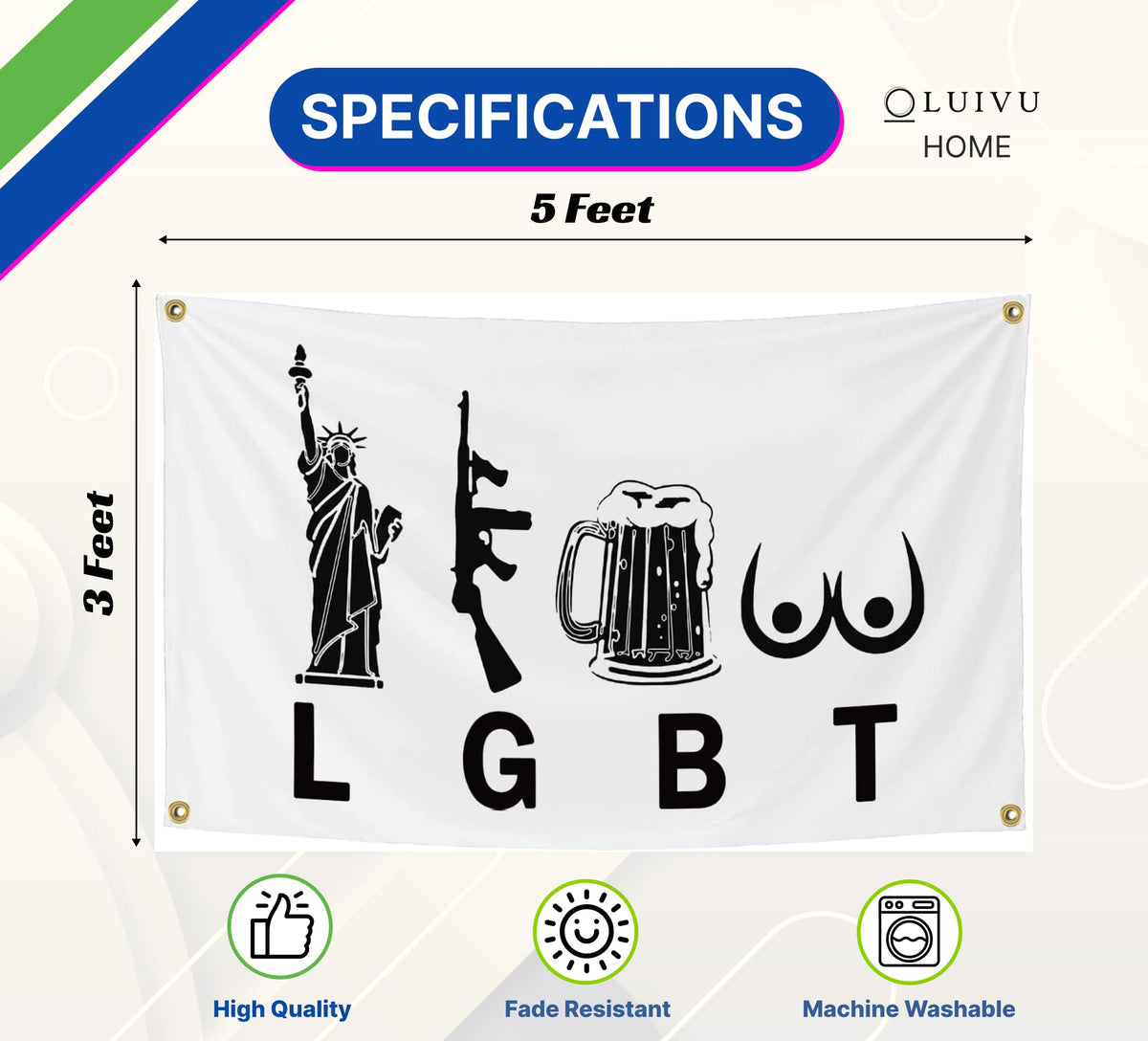 3x5 ft Liberty, Beer, Guns Funny Patriotic Flag – Man Cave & Dorm Banner