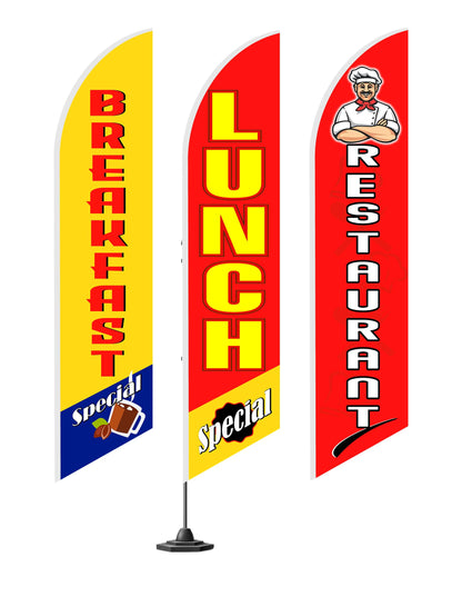 Set of 3 Single Sided 12x2.5 Feet Tall Feather Tapestry "Breakfast and Lunch" - Breakfast Flags for Businesses or Lunch Special Flags and Restaurant