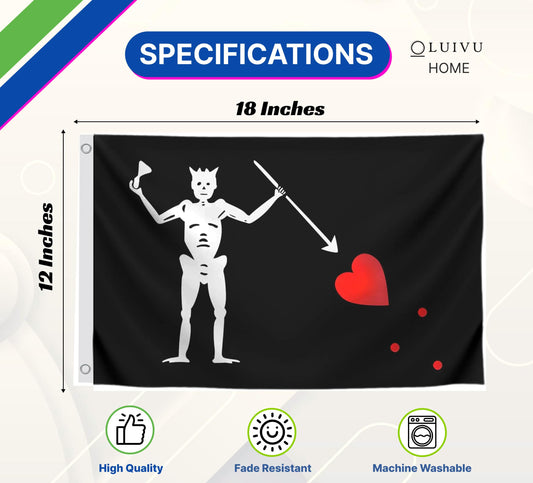 12x18 Inches Garden Flag Edward Teach "Blackbeard" with Two Brass Grommets - Single Sided Pirate Boat Flags. Polyester Black Cool Wall Flags for Decor