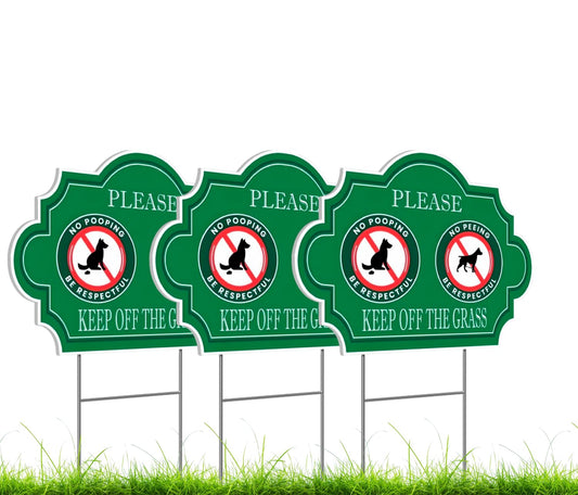 Pack of 3 No Peeing and No Pooping Dog Sign.12x8 inch Double Plastic Sided Please Be Respectful Keep Off The Grass Yard Signs with Metal Wire H-Stakes