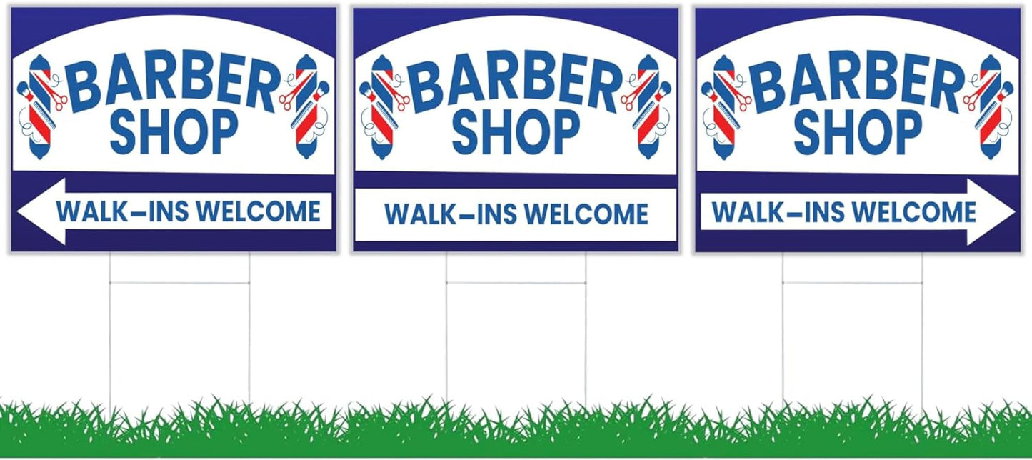 12x16 inch pack of 3 Barber Shop (Arrow) Yard Sign - Double-Sided Print with Metal Stakes - Barber Shop Grand Opening Plastic Sign
