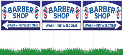 12x16 inch pack of 3 Barber Shop (Arrow) Yard Sign - Double-Sided Print with Metal Stakes - Barber Shop Grand Opening Plastic Sign