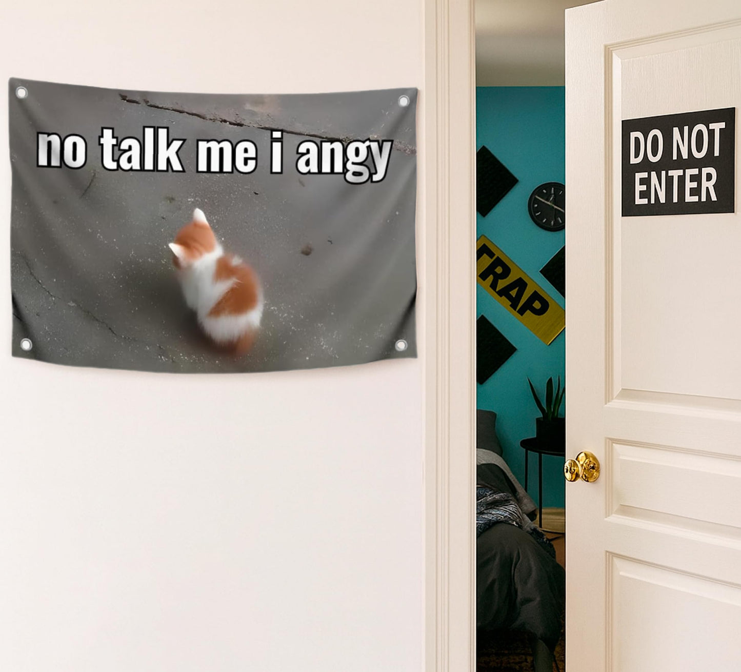 3x5 Feet Cat Meme Single Sided Flag with Quote "No Talk Me I Angy" with Four Brass Grommets - Funny Animals Banner for Wall Decoration
