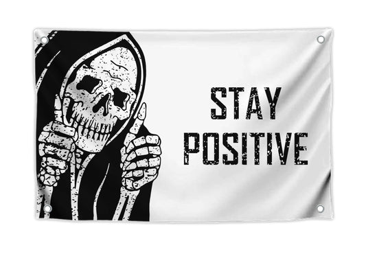 3x5 Feet Funny Flag "Stay Positive" with Four Brass Grommets - Vintage Skull Wall Decor for Home - Retro Halloween Decoration for Bedroom