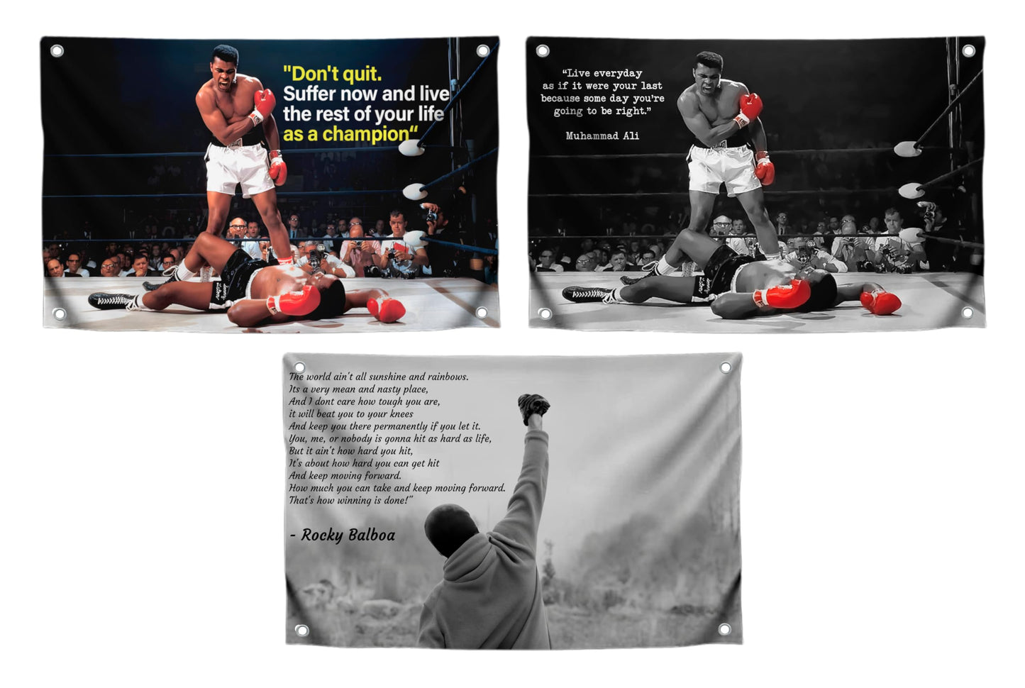 3X Motiv Sports Quote Polyester Flags 3x5 Ft with 4 Grommets - Rocky Inspirational Wall Single Sided Flag - Muhammad Motivation Quote Flags