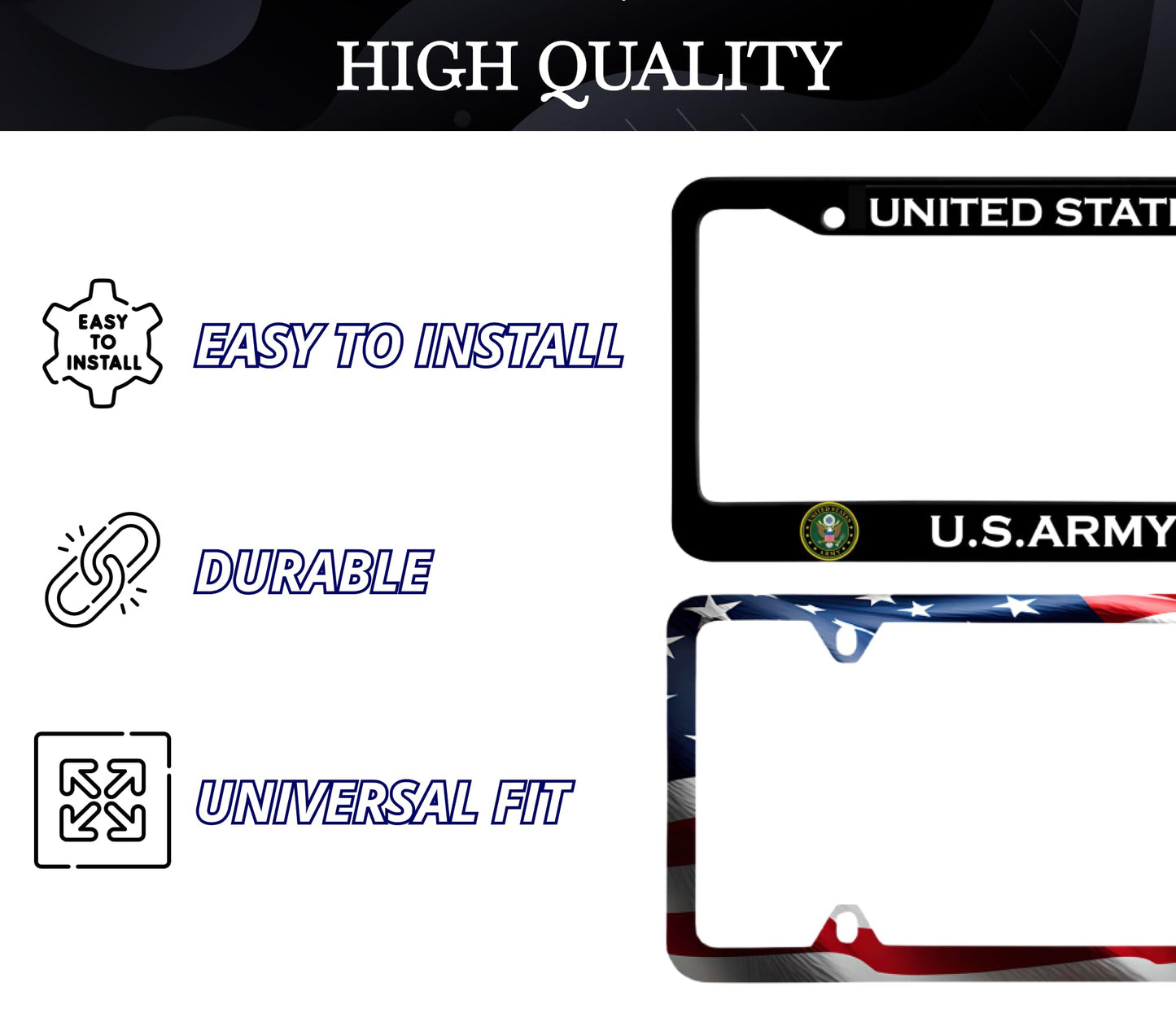 Set of 2 Personalized Car License Plate Frame United States Army - Black Stainless Steel Metal Plate Frame with Screws 6 x 12.25 inches