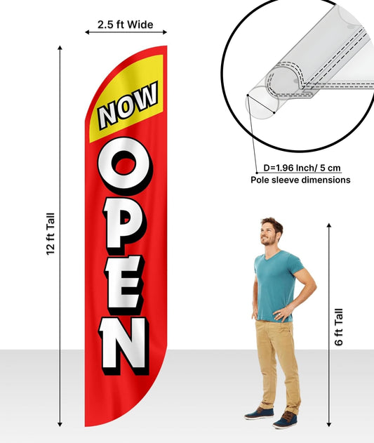 12x2.5 Feet Tall Feather Flags "Now Open" - Single Sided Feathers Banners Open Themed - Advertising Flags with Polyester - Organization Tall Welcome