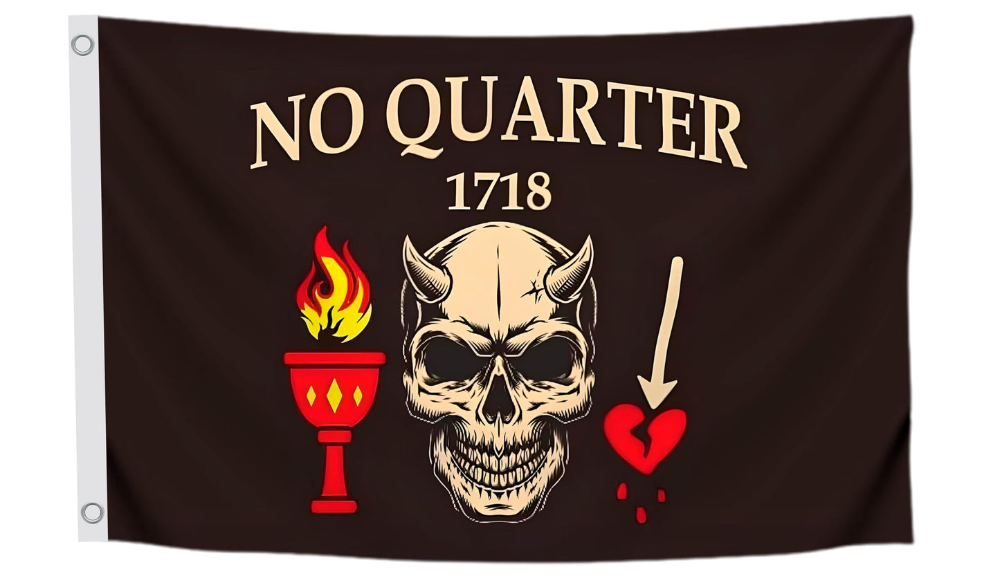 3x5 Ft Pirate No Quarter No Mercy Polyester Flag - Resistant for Outdoor House Room - Single Sided Pirate Skull Stick Flag with 2 Grommets
