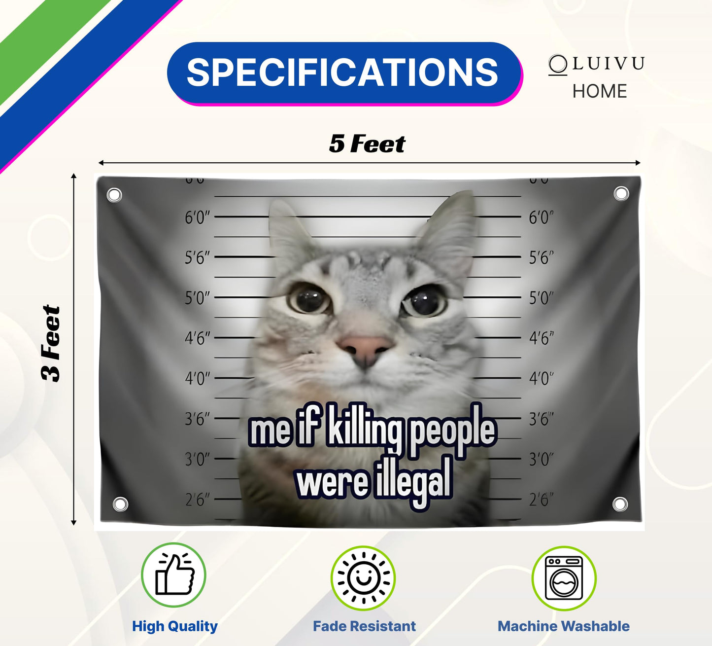 3x5 Feet Funny Cats Polyester Flag with Quote "Me If People Were Illegal" with Four Brass Grommets - Single Sided Funny Animals Banner