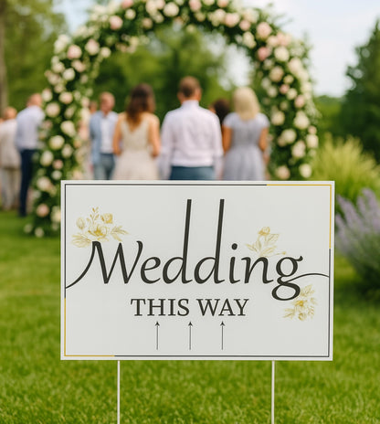 ULVEOL 12x16 inch Pack of 3 Wedding Direction Arrow Signs - Classic White Plastic Wedding Signs with H Stakes - Double-Sided Printed Arrows
