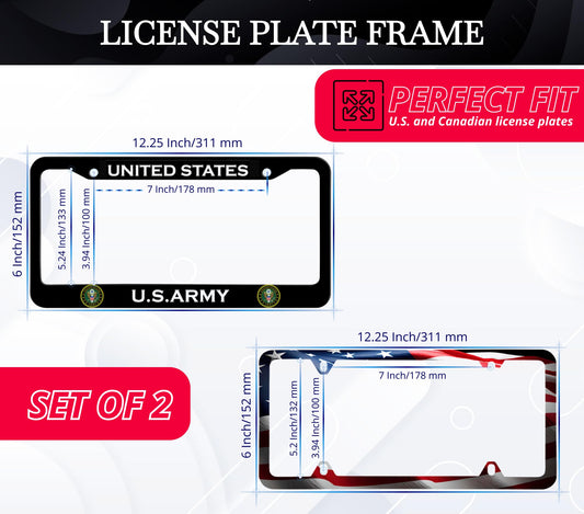 Set of 2 Personalized Car License Plate Frame United States Army - Black Stainless Steel Metal Plate Frame with Screws 6 x 12.25 inches