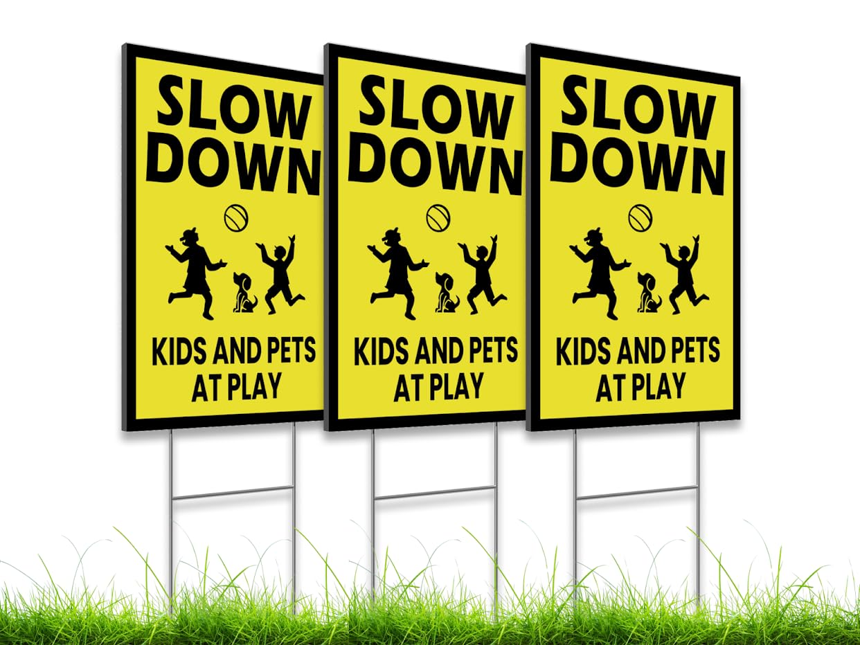 3 Pack Single Sided 8x12 Please Slow Down Kids and Pets at Play Yard Plastic Sign with Metal H-Stakes - Children At Play