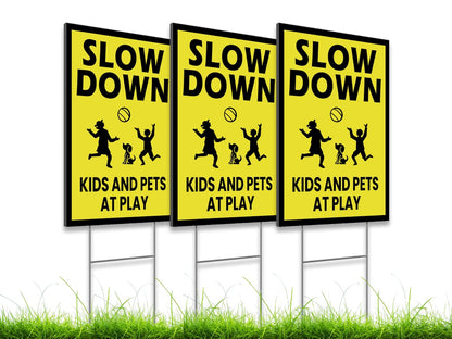 3 Pack Single Sided 8x12 Please Slow Down Kids and Pets at Play Yard Plastic Sign with Metal H-Stakes - Children At Play