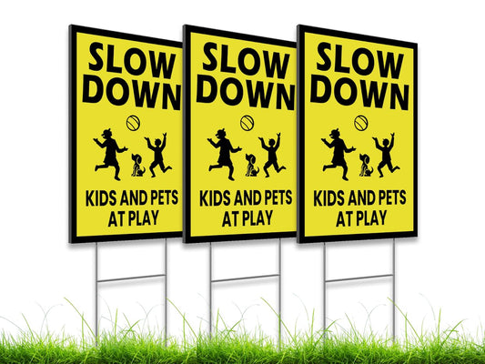 3 Pack Single Sided 8x12 Please Slow Down Kids and Pets at Play Yard Plastic Sign with Metal H-Stakes - Children At Play