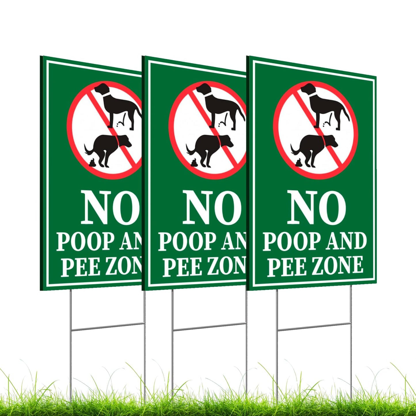 Set of 3 Double Sided 12x8 Inches Plastic Sign "No Poop and Pee Zone" with Metal H-Stakes