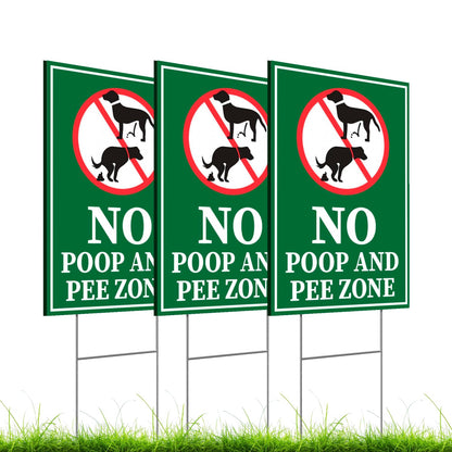Set of 3 Double Sided 12x8 Inches Plastic Sign "No Poop and Pee Zone" with Metal H-Stakes