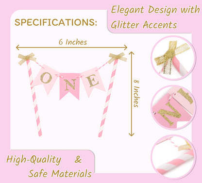 8x6 Inch Paper One Cake Topper for Baby Girls - Pink and Gold Cake Topper Banner for 1st Birthday - First Cake Topper or Paper Straw Cake Toppers