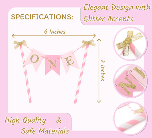 8x6 Inch Paper One Cake Topper for Baby Girls - Pink and Gold Cake Topper Banner for 1st Birthday - First Cake Topper or Paper Straw Cake Toppers