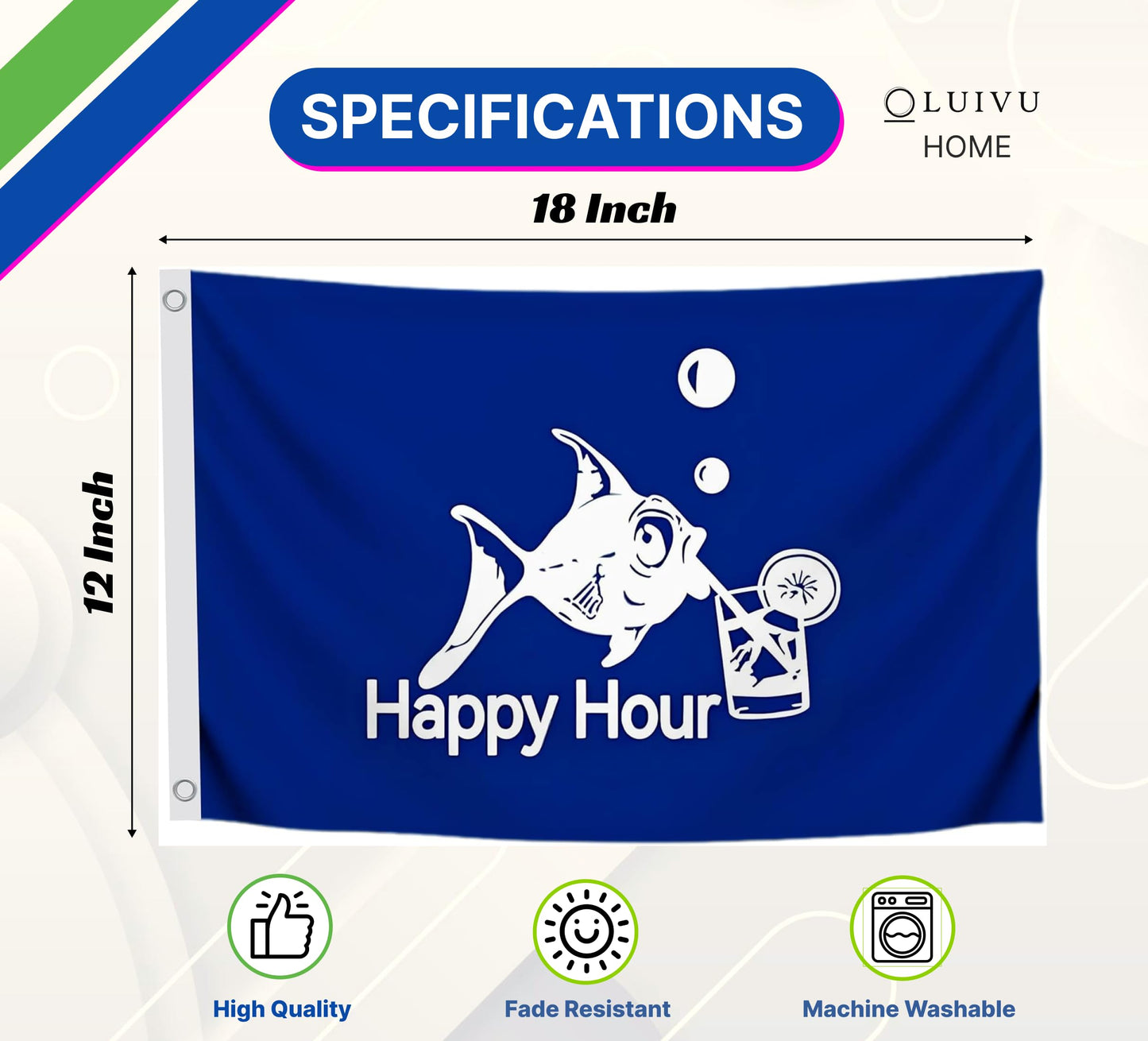 12x18 Inch Fly Polyester Flag with 2 Brass Grommets Blue Happy Hour Royal Fish Sign Boat Accessories also for Indoor Outdoor, Lawn and Garden Decor