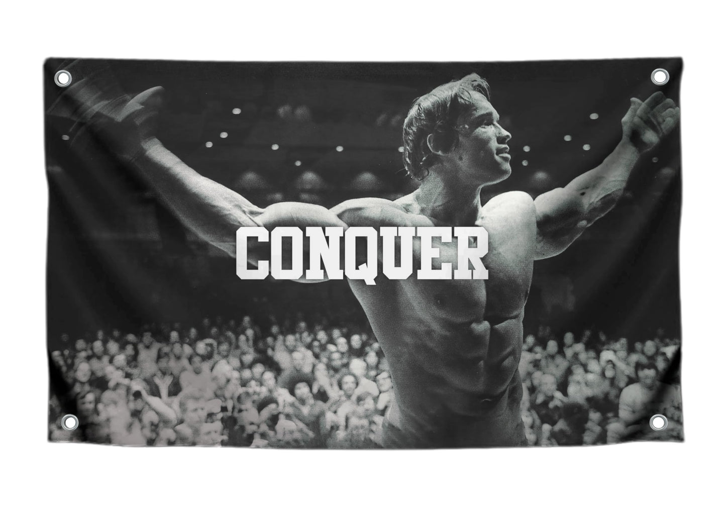 Conquer Single Sided Flag for Schwarzenegger 3x5 Ft Polyester Banner with Four Grommets - Funny Gym Motive Poster and Fitness - Arnold Durable Man
